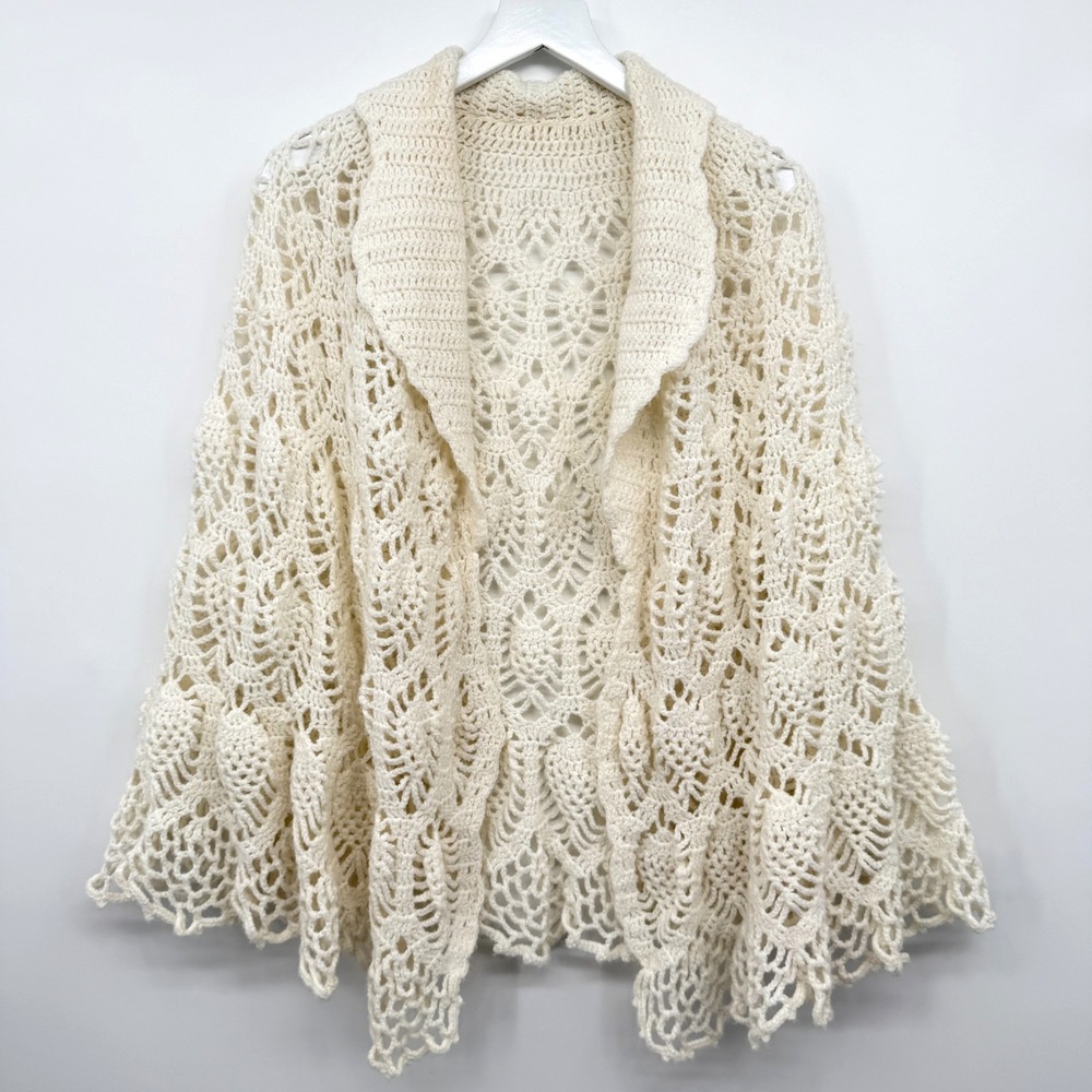 Vintage Handmade Crochet Poncho Cardigan One Size Coquette Fairy Ethereal Artsy - Picture 2 of 10
